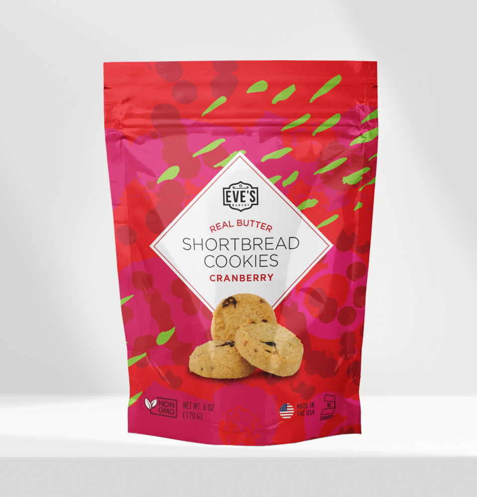 Pouch packaging design for Eve's shortbread cookies