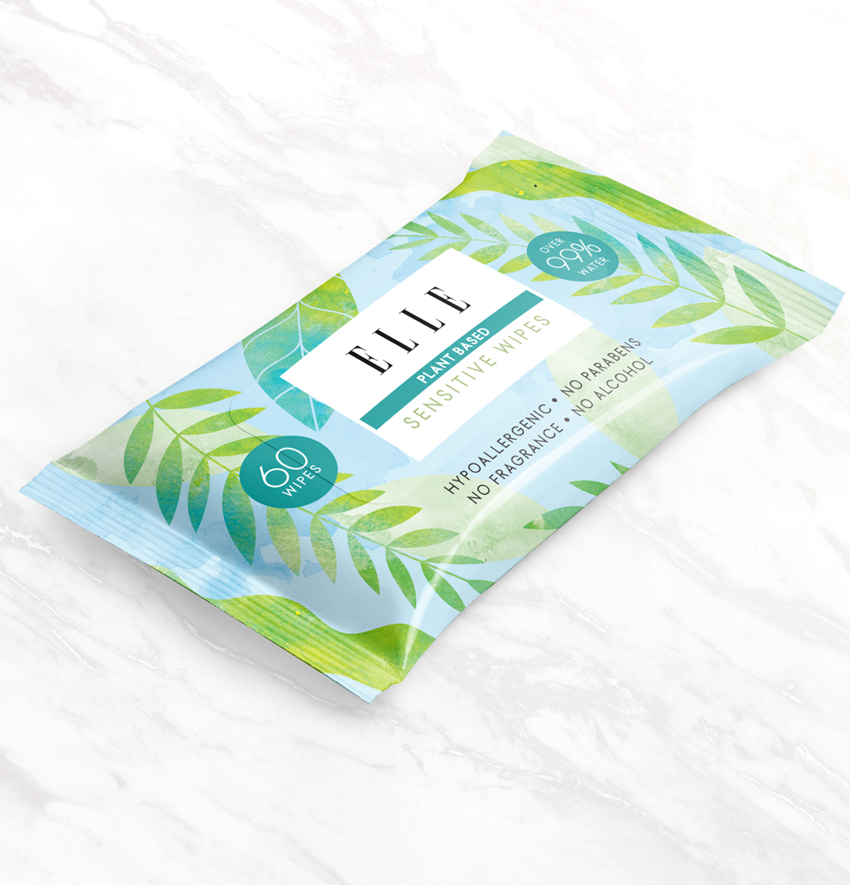 Elle cosmetics Plant based wipes packaging design