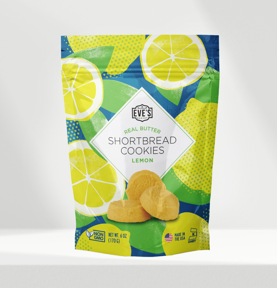 Pouch packaging design for Eve's shortbread cookies